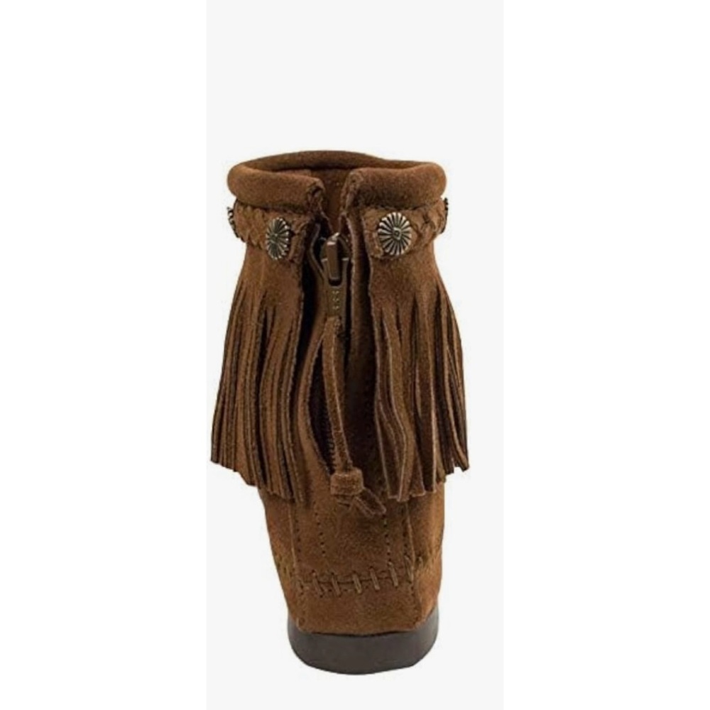 Minnetonka Brown Concho Suede Fringe Braid Ornamented Boots Size 8.5 Boho - Picture 15 of 16